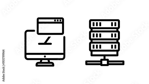IT infrastructure icons: Computer monitor showing code and stacked servers connected, representing web development, programming, and data center operations.