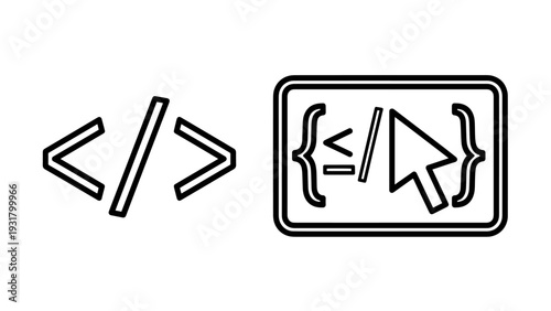 Coding icons with angle brackets and cursor inside curly braces, representing programming, development, and web design concepts in a minimalist vector style.