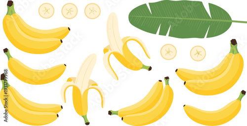 Banana fruit illustration set featuring whole bananas, peeled banana, slices, bunches and tropical leaf, flat vector collection isolated on white background
