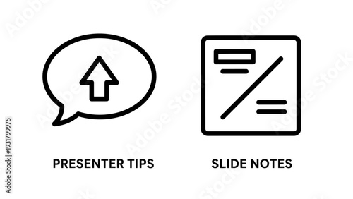 Presentation icons for presenter tips with speech bubble and arrow, and slide notes with diagonal line and dots, symbolizing public speaking and presentation skills.