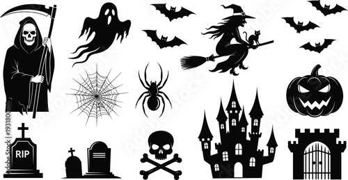 Classic Halloween Silhouette and Spooky Icon Set Featuring Grim Reaper Witch Haunted Castle and Jack-o-lantern for Seasonal Decor and Event Design
