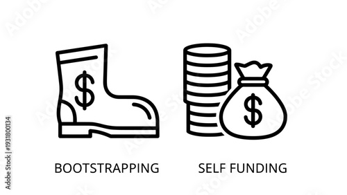 Bootstrapping vs. Self-Funding: Startup Finance Icons with Money Symbols