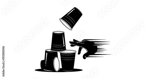 Dynamic Hand Stacking Cups Speed Game Vector Illustration