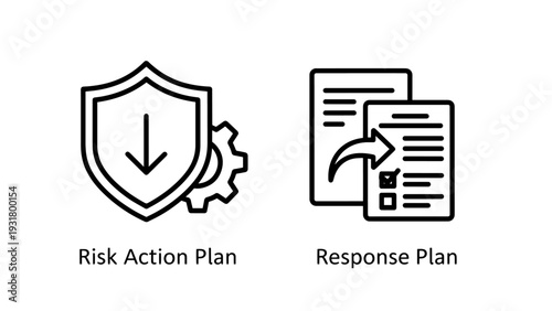 Shield icon with downward arrow for risk action plan and document with arrow for response plan, representing crisis management and strategic planning.