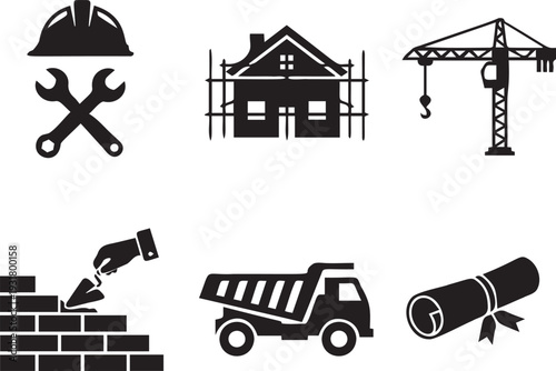 Construction site icons featuring scaffolding on house safety helmet tools bricklayer hand dump truck and professional diploma