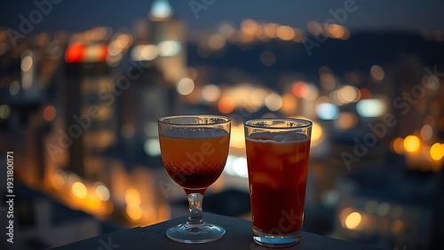 Two glasses on rooftop ledge with city lights bokeh and warm ambient glow. bar promotions, beverage menus, designed for food & beverage menus and cafe branding.