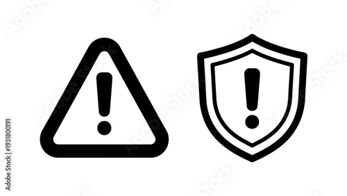 Warning and Security Shield Icons: Alert Symbol and Protected Exclamation Mark
