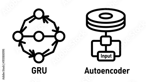AI Network Icons: GRU Diagram and Autoencoder Data Input with Storage