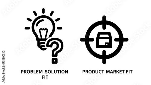 Concept icons for Problem-Solution Fit, showing a lightbulb with question mark, and Product-Market Fit, a product within a target.