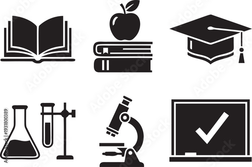 Educational icon set featuring open book graduation cap apple on books laboratory flasks microscope and chalkboard with checkmark