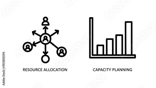 Resource allocation icon with people connected and arrows indicating distribution, beside a capacity planning bar chart showing levels for business management.