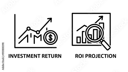 Investment return graph showing growth and dollar coin, alongside ROI projection chart with magnifying glass for financial analysis and planning.