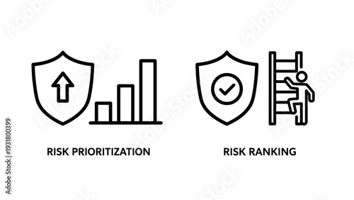 Risk prioritization icon with shield and upward arrow, paired with a risk ranking icon showing a person climbing stairs for business security.