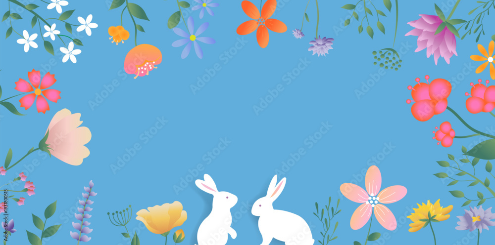 Fototapeta premium Happy Easter Postcard With Flower And Rabbit Blue Background