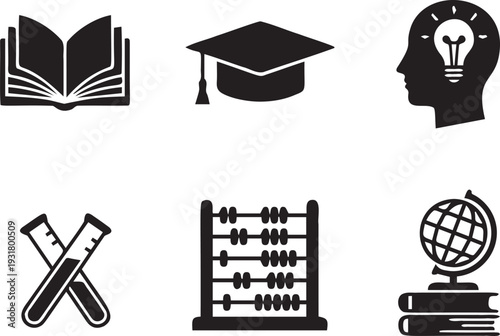 Learning and cognition icons including open book graduation mortarboard human head with light bulb test tubes abacus and world globe