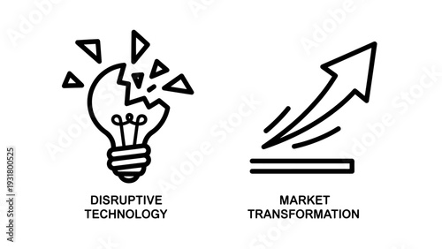 Icons for disruptive technology and market transformation: shattered lightbulb symbolizing innovation and upward arrow indicating market growth