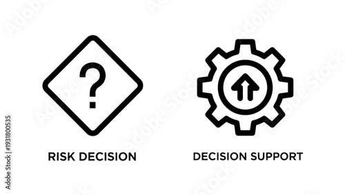 Icons for risk decisions and decision support: question mark in diamond shape and gear with upward arrow symbolizing informed choices