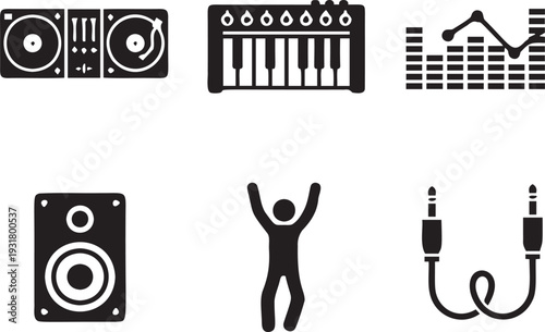 Music production equipment and party icons illustration, including turntables, synthesizer, equalizer, speaker, dancer, and audio jack