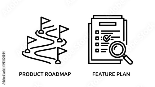 Set of linear icons for product roadmap and feature plan, representing strategic planning and project management in business.