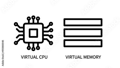 Computer hardware icons: central processing unit (CPU) with circuits and stack of rectangles representing virtual memory for computing concepts
