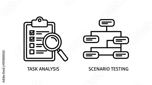 Line icons of task analysis checklist with magnifying glass and scenario testing flowchart, illustrating business process and planning.