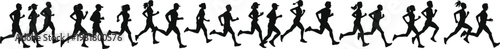 Large set of diverse men and women running silhouettes for marathon jogging fitness sports and healthy lifestyle isolated on white background