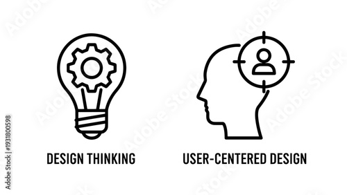 Icons for design thinking and user-centered design, featuring a lightbulb with gears and a head silhouette with target, symbolizing innovation and user focus.