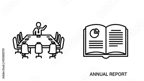 Business Meeting and Annual Report Icons: Boardroom Scene and Open Book with Chart for Corporate Presentations and Financial Analysis