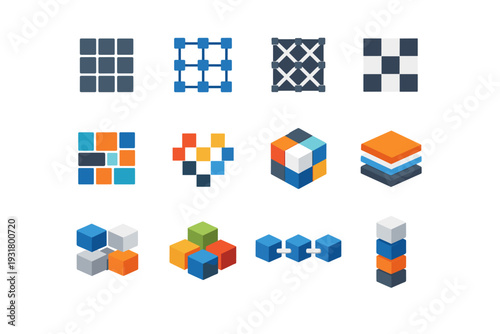 Array voxel generation simple pixel tile cluster grid chain vector block icon