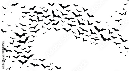 Large Swarm of Black Bat Silhouettes Flying in a Wave Formation for Halloween Decoration, Spooky Night Animals, Isolated Vector Illustration