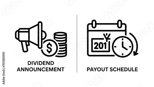 Dividend announcement megaphone and payout schedule calendar icons for financial news and investment planning