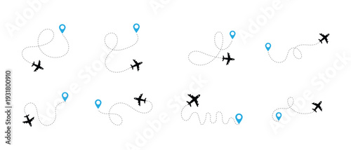 Minimal Airplane Route Line Icons Pack – Flight Path, Travel Map Direction, Aircraft Journey Trail and Aviation Navigation Outline Set.eps10