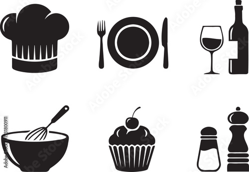 Culinary arts icon collection featuring chef hat and plate with silverware plus wine and cupcake with mixing bowl and spices