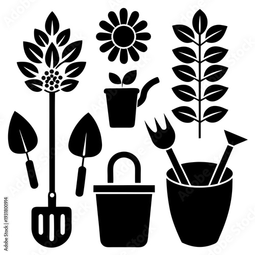 Vector black gardening icons set illustration