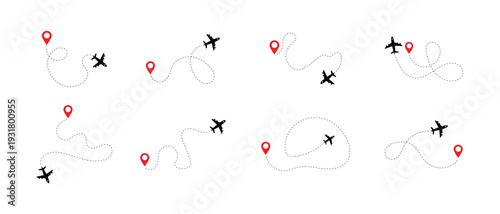 Minimal Airplane Route Line Icons Pack – Flight Path, Travel Map Direction, Aircraft Journey Trail and Aviation Navigation Outline Set.eps10