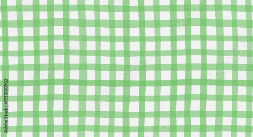 Seamless green gingham check pattern with soft watercolor texture. Hand painted plaid background in warm cheerful tones. Cute summer design for fabric, wallpaper, packaging, stationery, kitchen decor.