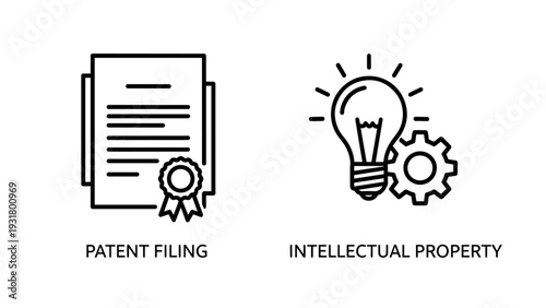 Patent Filing and Intellectual Property Icons Representing Innovation, Invention, and Legal Rights Protection in Business