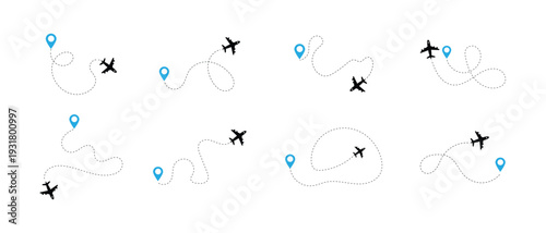 Minimal Airplane Route Line Icons Pack – Flight Path, Travel Map Direction, Aircraft Journey Trail and Aviation Navigation Outline Set.eps10