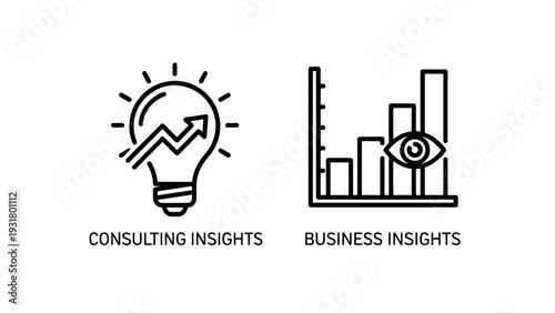 Strategic Business Insights and Professional Consulting Solutions Icons: Lightbulb and Bar Chart Line Art for Analysis