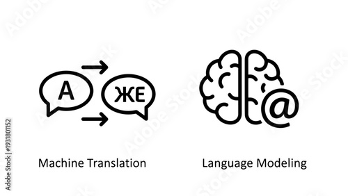 Machine Translation and Language Modeling Icons - AI, NLP, and Communication Technology Concept Vector