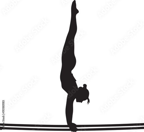 Gymnast female silhouette performing handstand on parallel bars athlete demonstrating strength balance and flexibility in motion