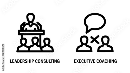 Leadership Consulting and Executive Coaching Icons: Business Mentorship, Public Speaking, and Team Development Symbols