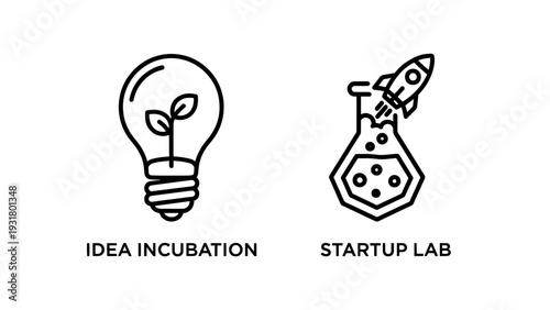Idea Incubation and Startup Lab Icons: Innovation, Creative Development, and Business Launch Symbols
