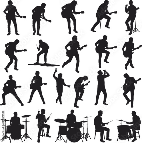 Silhouettes of Musicians and Band Members Set with Guitarists, Bass Players, Drummers, and Singers Performing Live Music on Stage, Isolated Vector