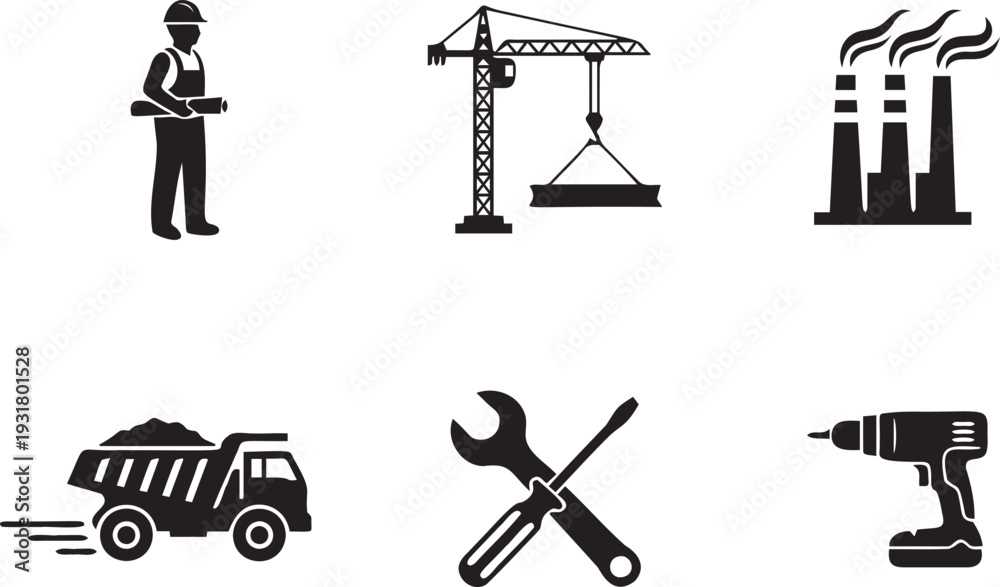 Fototapeta premium Construction and industrial icons featuring engineer, crane, factories, dump truck, tools, and power drill for building and development work