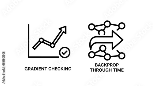 Gradient Checking and Backprop Through Time Icons for Machine Learning, Neural Networks, Deep Learning Algorithms, and Optimization Concepts.