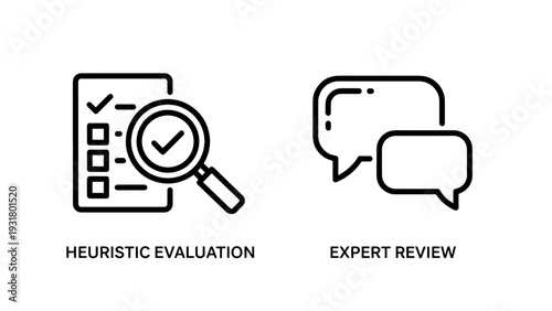 Heuristic Evaluation and Expert Review Icons for User Experience, Usability Testing, Quality Assurance, Feedback, and Design Validation.