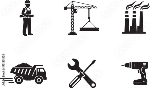 Construction and industrial icons featuring engineer, crane, factories, dump truck, tools, and power drill for building and development work