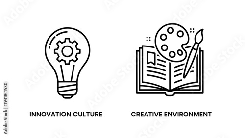 Innovation Culture and Creative Environment Icons Depicting Ideas, Learning, Art, and Development in Business and Educational Settings.