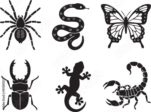 Set of insect and reptile icons including spider, snake, butterfly, stag beetle, lizard, and scorpion in silhouette style